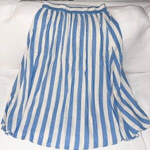 a new day Women's Beach Bungalow Linen Midi Picnic Skirt Blue and White Stripe